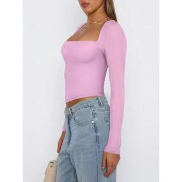 REORIA Women's Fall Sexy Casual Square Neck Long Sleeve Tight Cropped T Shirts Slim Fitted Basic Y2K...