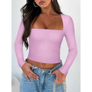 REORIA Women's Fall Sexy Casual Square Neck Long Sleeve Tight Cropped T Shirts Slim Fitted Basic Y2K Trendy Going Out Crop Tops for Teen Girls Coral Pink Medium