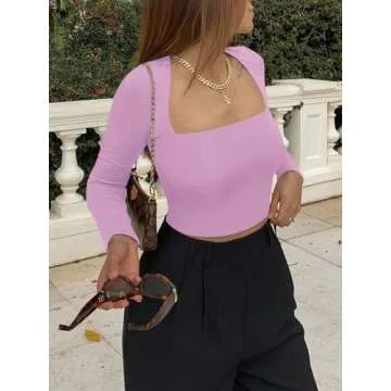 REORIA Women's Fall Sexy Casual Square Neck Long Sleeve Tight Cropped T Shirts Slim Fitted Basic Y2K Trendy Going Out Crop Tops for Teen Girls Coral Pink Medium