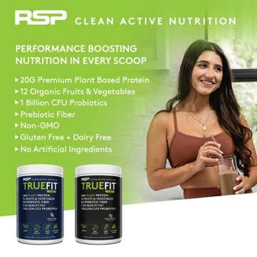RSP TrueFit Vegan Protein Powder Meal Replacement Shake, Plant Based Protein + Organic Fruits & Veggies, Fiber & Probiotics, Gluten Free, Dairy Free