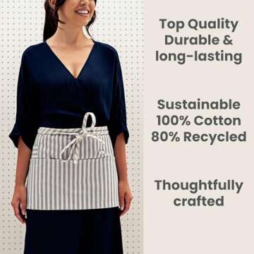 MEEMA Waist Apron for Women and Men - Striped Blue Half Apron with 4 Pockets, 23x13 In | Cute Server Apron, One Size Fits All | Sustainable Aprons for Cooking, Gardening, and Maid Apron