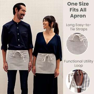 MEEMA Waist Apron for Women and Men - Striped Blue Half Apron with 4 Pockets, 23x13 In | Cute Server Apron, One Size Fits All | Sustainable Aprons for Cooking, Gardening, and Maid Apron
