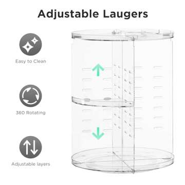 Vorey 360 Rotating Makeup Organizer, Large Capacity DIY Adjustable Cosmetic Display Organizer, Spinning Perfume Skin Care Organizer for Vanity Countertop, Clear