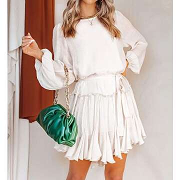 R.Vivimos Women's Casual Ruffle Hem Swing Mini Dress with Belt - White
