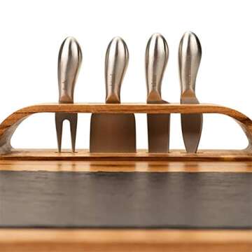 Zelancio Slate Cheese Board Set - 12-Piece Charcuterie Set Includes 4 Stainless Steel Cheese Knives, Bigger Acacia Serving Tray with Slate Board, and Wood Tool Holder