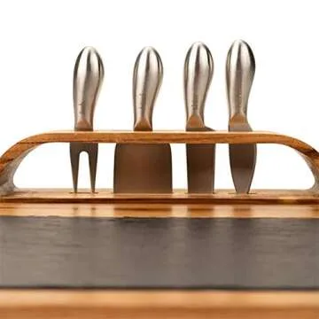 Zelancio Slate Cheese Board Set - 12-Piece Charcuterie Set Includes 4 Stainless Steel Cheese Knives, Bigger Acacia Serving Tray with Slate Board, and Wood Tool Holder