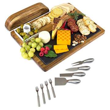 Zelancio Slate Cheese Board Set - 12-Piece Charcuterie Set Includes 4 Stainless Steel Cheese Knives, Bigger Acacia Serving Tray with Slate Board, and Wood Tool Holder