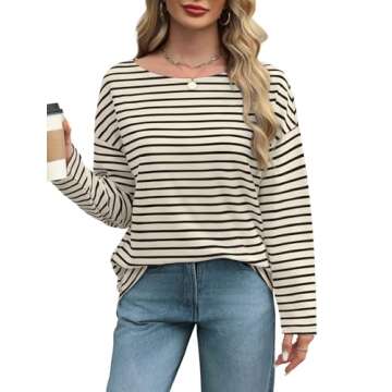 Long Sleeve Shirts for Women Tunics Boat Neck Top Black and White Striped Shirt Batwing Tops Casual ...