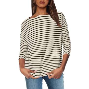 Long Sleeve Shirts for Women Tunics Boat Neck Top Black and White Striped Shirt Batwing Tops Casual Loose Fit T-Shirt M