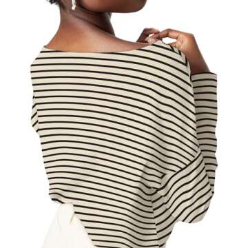 Long Sleeve Shirts for Women Tunics Boat Neck Top Black and White Striped Shirt Batwing Tops Casual Loose Fit T-Shirt M