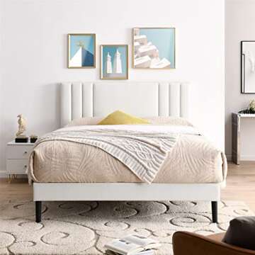 BIKAHOM Mid-Century Tufted Faux Leather Upholstered Platform Bed Frame w/Adjusting Height Headboard, Wooden Slats & No Box Spring Needed, Queen, White
