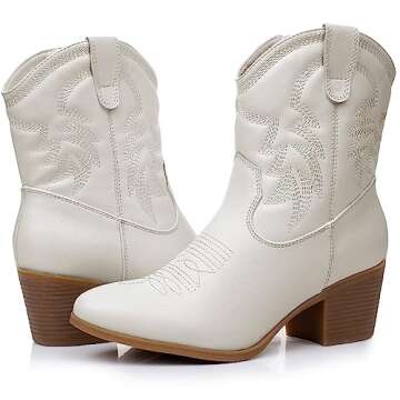 GLOBALWIN Women's White Mid Calf The Western Cowboy Boots Fashion Cowgirl Boots For Women Low Heel S...