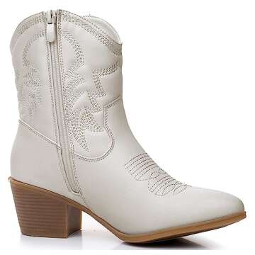 GLOBALWIN Women's White Mid Calf The Western Cowboy Boots Fashion Cowgirl Boots For Women Low Heel Size 8.5M