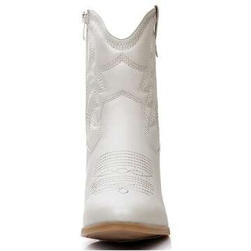 GLOBALWIN Women's White Mid Calf The Western Cowboy Boots Fashion Cowgirl Boots For Women Low Heel Size 8.5M