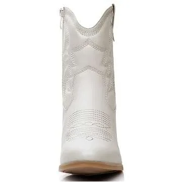 GLOBALWIN Women's White Mid Calf The Western Cowboy Boots Fashion Cowgirl Boots For Women Low Heel Size 8.5M