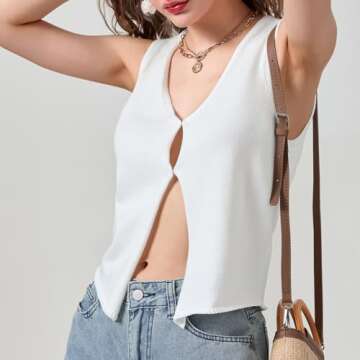 Axupico Womens Knitted Vest Top Y2k Crochet Crop Tops Sleeveless V Neck Front Button Solid Tank Top Streetwear (Sweater V Neck Vest White, Medium)