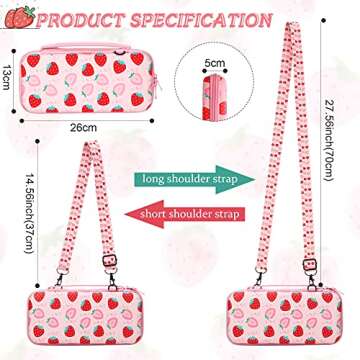 Pink Strawberry Pattern Protective Case and Carrying Case Compatible with Nintendo Switch, Soft Slim Case Cover for Console and Controllers, Hard Shell Travel Carrying Bag with 12 Game Card Slots