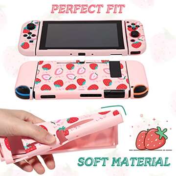 Pink Strawberry Pattern Protective Case and Carrying Case Compatible with Nintendo Switch, Soft Slim Case Cover for Console and Controllers, Hard Shell Travel Carrying Bag with 12 Game Card Slots