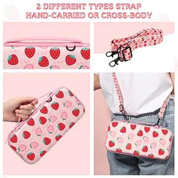 Pink Strawberry Pattern Protective Case and Carrying Case Compatible with Nintendo Switch, Soft Slim Case Cover for Console and Controllers, Hard Shell Travel Carrying Bag with 12 Game Card Slots