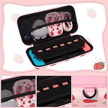 Pink Strawberry Pattern Protective Case and Carrying Case Compatible with Nintendo Switch, Soft Slim Case Cover for Console and Controllers, Hard Shell Travel Carrying Bag with 12 Game Card Slots