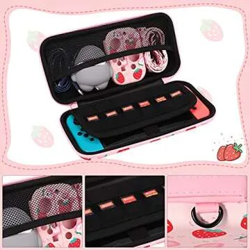 Pink Strawberry Pattern Protective Case and Carrying Case Compatible with Nintendo Switch, Soft Slim Case Cover for Console and Controllers, Hard Shell Travel Carrying Bag with 12 Game Card Slots