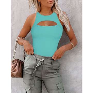 Saslax Women's Sexy Cutout Sleeveless High Neck Racerback Thong Leotard Bodysuits Tops Green XS