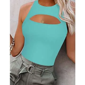 Saslax Women's Sexy Cutout Sleeveless High Neck Racerback Thong Leotard Bodysuits Tops Green XS