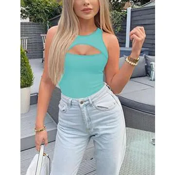Saslax Women's Sexy Cutout Sleeveless High Neck Racerback Thong Leotard Bodysuits Tops Green XS