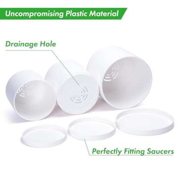 D'vine Dev 6 Inch 6.5 Inch 8 Inch, Set of 3 Plastic Planter Pots for Plants with Drainage Hole and Seamless Saucers, White Color, Medium, 74-V-A-3