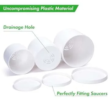 D'vine Dev 6 Inch 6.5 Inch 8 Inch, Set of 3 Plastic Planter Pots for Plants with Drainage Hole and Seamless Saucers, White Color, Medium, 74-V-A-3