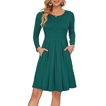 AUSELILY Women's Long Sleeve Dress Pleated Loose Swing Casual Dress with Pockets Knee Length Dresses...