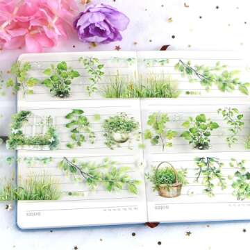 2m/Roll Floral Washi Tape Green Botanical Plant Washi Tape Stickers for Journaling Transparent Flower Washi Tapes PET Tape Washy Tape Decorative Masking Tape Decorative Tape for Crafts Scrapbooking