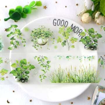2m/Roll Floral Washi Tape Green Botanical Plant Washi Tape Stickers for Journaling Transparent Flower Washi Tapes PET Tape Washy Tape Decorative Masking Tape Decorative Tape for Crafts Scrapbooking