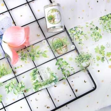 2m/Roll Floral Washi Tape Green Botanical Plant Washi Tape Stickers for Journaling Transparent Flower Washi Tapes PET Tape Washy Tape Decorative Masking Tape Decorative Tape for Crafts Scrapbooking