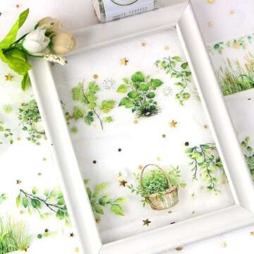 2m/Roll Floral Washi Tape Green Botanical Plant Washi Tape Stickers for Journaling Transparent Flower Washi Tapes PET Tape Washy Tape Decorative Masking Tape Decorative Tape for Crafts Scrapbooking