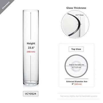 WGV Quality Thick Cylinder Glass Vase, Diameter 5", Height 24", Clear, Floral Planter Container, Tal...