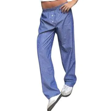 NUFIWI Women Y2k Striped Lounge Pants Wide Leg Drawstring Baggy Pajamas Pants High Waist Casual Loos...