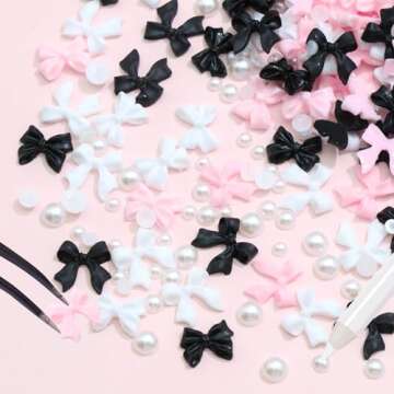 300Pcs Bow Nail Charms and Flatback Pearls,Black White Pink Bowknot 3D Cute Nail Charms for Acrylic Nail Supplies Design,White Half Pearls for Nail Jewelry DIY Crafts Nail Art Decoration Accessories