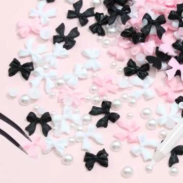 300Pcs Bow Nail Charms and Flatback Pearls,Black White Pink Bowknot 3D Cute Nail Charms for Acrylic Nail Supplies Design,White Half Pearls for Nail Jewelry DIY Crafts Nail Art Decoration Accessories