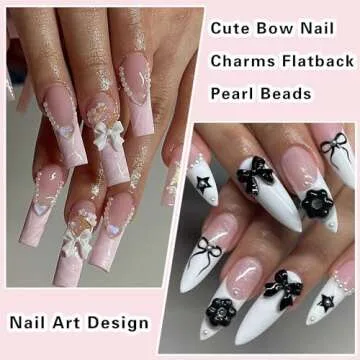 300Pcs Bow Nail Charms and Flatback Pearls,Black White Pink Bowknot 3D Cute Nail Charms for Acrylic Nail Supplies Design,White Half Pearls for Nail Jewelry DIY Crafts Nail Art Decoration Accessories