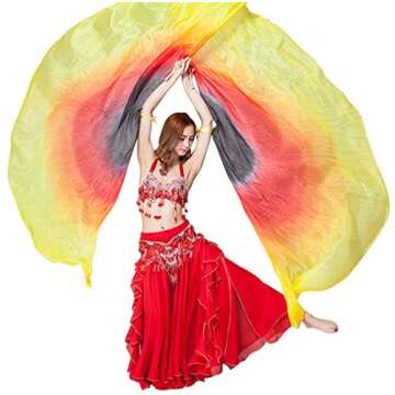 KIKIGOAL 100% Silk Belly Dance ISIS Wings Scarf Veil Fan with Telescopic Stick for Halloween Carniva...
