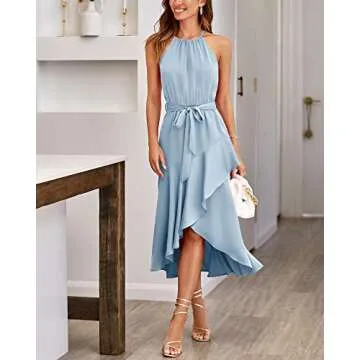 NOLLSOM Women's 2023 Summer Satin Dress Sleeveless Halter Neck Wrap Ruffle Dresses with Belt Solid Color Cocktail Maxi Dress（Solid Light Blue,XX-Large