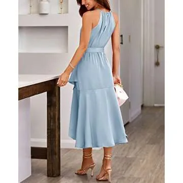 NOLLSOM Women's 2023 Summer Satin Dress Sleeveless Halter Neck Wrap Ruffle Dresses with Belt Solid Color Cocktail Maxi Dress（Solid Light Blue,XX-Large