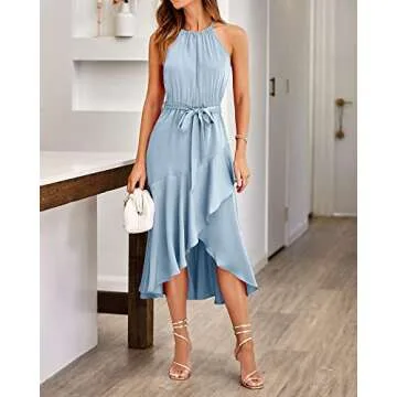 NOLLSOM Women's 2023 Summer Satin Dress Sleeveless Halter Neck Wrap Ruffle Dresses with Belt Solid Color Cocktail Maxi Dress（Solid Light Blue,XX-Large