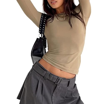 Women's Fall Casual Slim Fit Basic Crop Tops Solid Color Long Sleeve Crew Neck Pullover Tight Tee Shirts Streetwear (Coffee, Small)