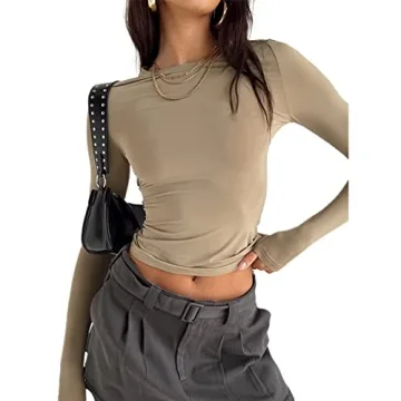 Women's Fall Casual Slim Fit Basic Crop Tops Solid Color Long Sleeve Crew Neck Pullover Tight Tee Shirts Streetwear (Coffee, Small)