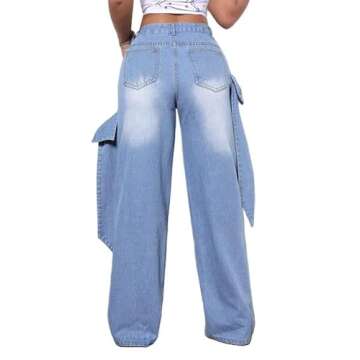 Mxiqqpltky Cute Jeans for Women Fairy Bow Print Wide Leg Denim Pants Y2k Baggy Straight Leg Jeans Casual Mom Jeans Streetwear(Pale Blue,Medium)