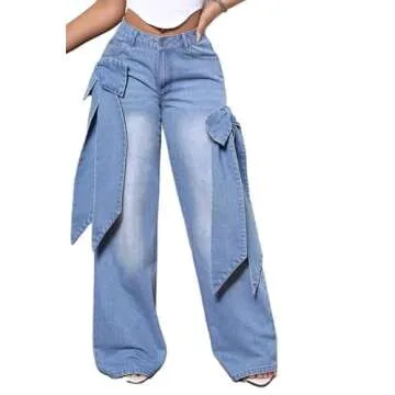Mxiqqpltky Cute Jeans for Women Fairy Bow Print Wide Leg Denim Pants Y2k Baggy Straight Leg Jeans Casual Mom Jeans Streetwear(Pale Blue,Medium)