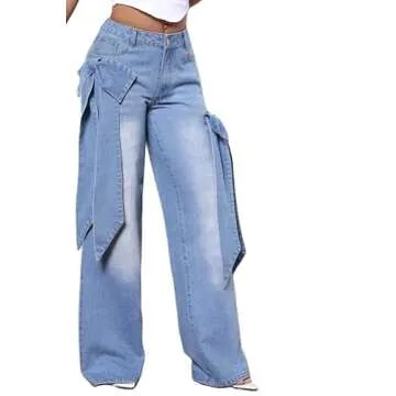 Mxiqqpltky Cute Jeans for Women Fairy Bow Print Wide Leg Denim Pants Y2k Baggy Straight Leg Jeans Casual Mom Jeans Streetwear(Pale Blue,Medium)