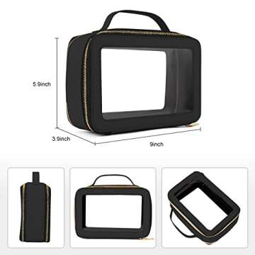 AQSXO Compact Travel Toiletry Case, Premium Makeup Organizer Bag, Sturdy Portable Cosmetics Pouch with Sleek Design and Transparent Vinyl Windows & Gold Zippers(black)